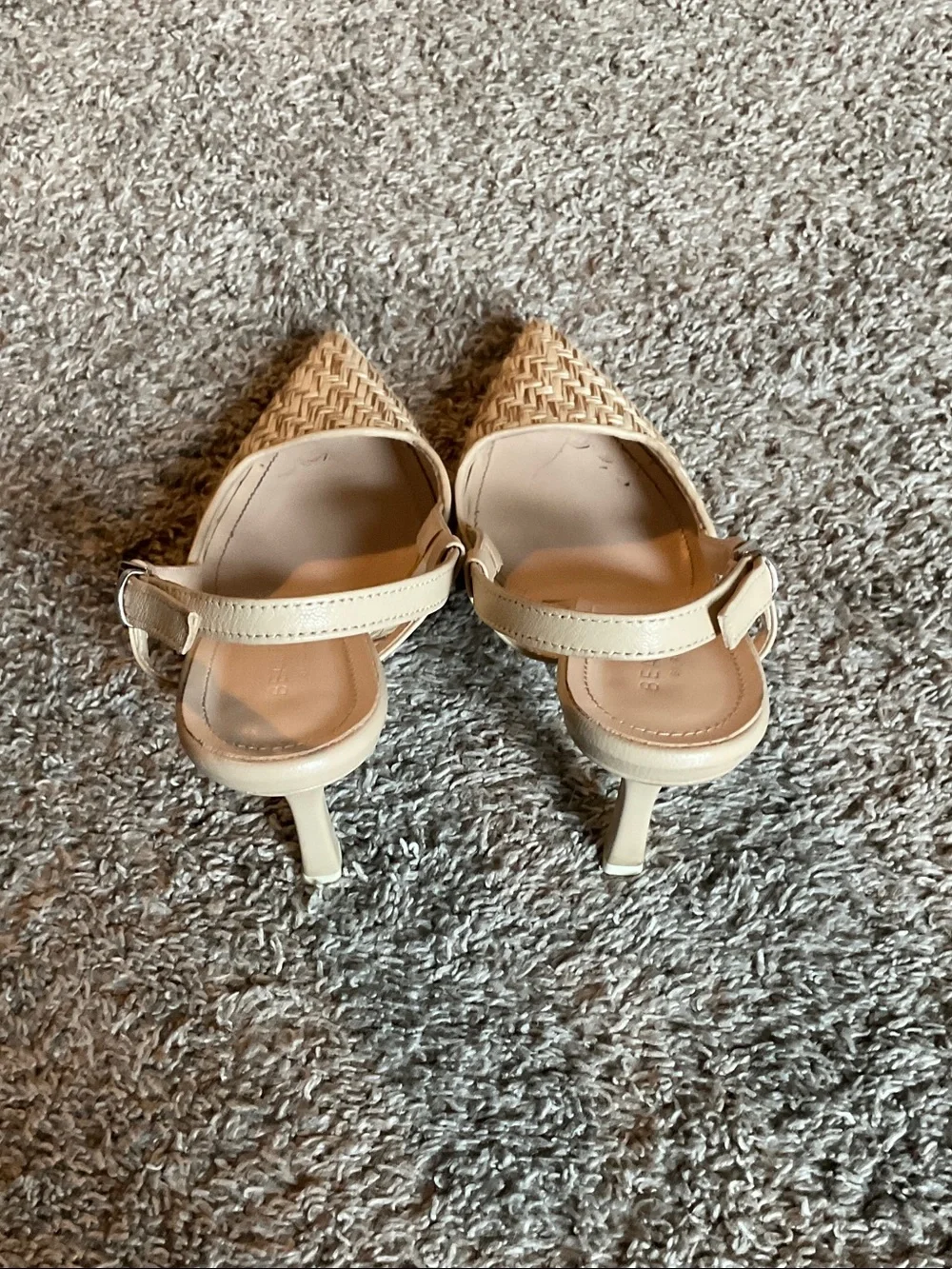 Beige Woven Pointed Slingback Heels